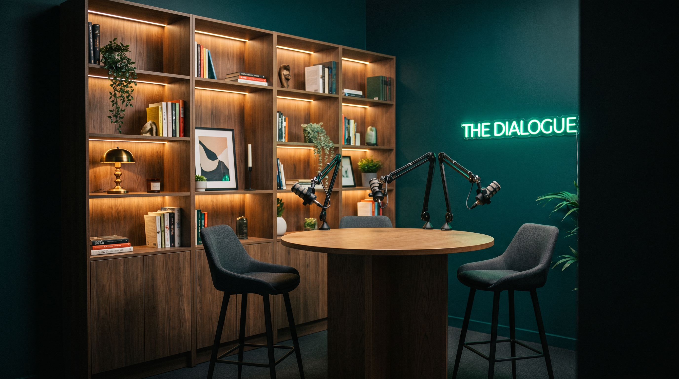 A dressed podcast studio set — bookshelf wall, podcast table, host stools and confidence monitor