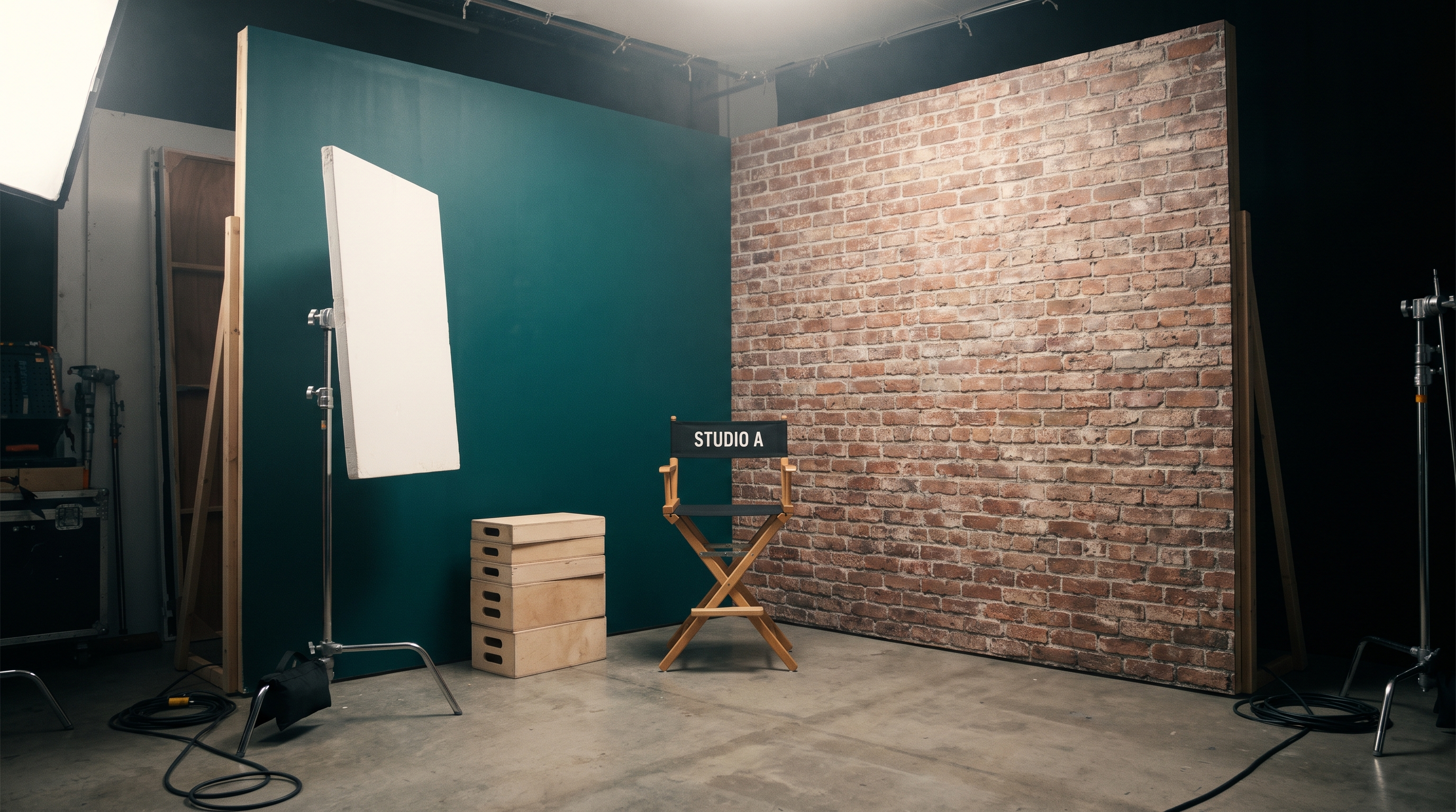 A talking-head set — hard flats, texture panel, bounce board and apple boxes