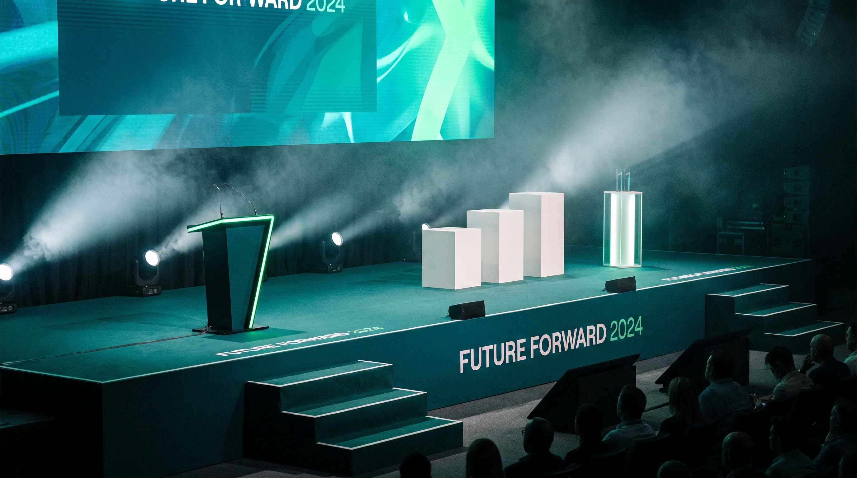 A conference stage front — fascia and steps, lectern, podium blocks and awards plinth