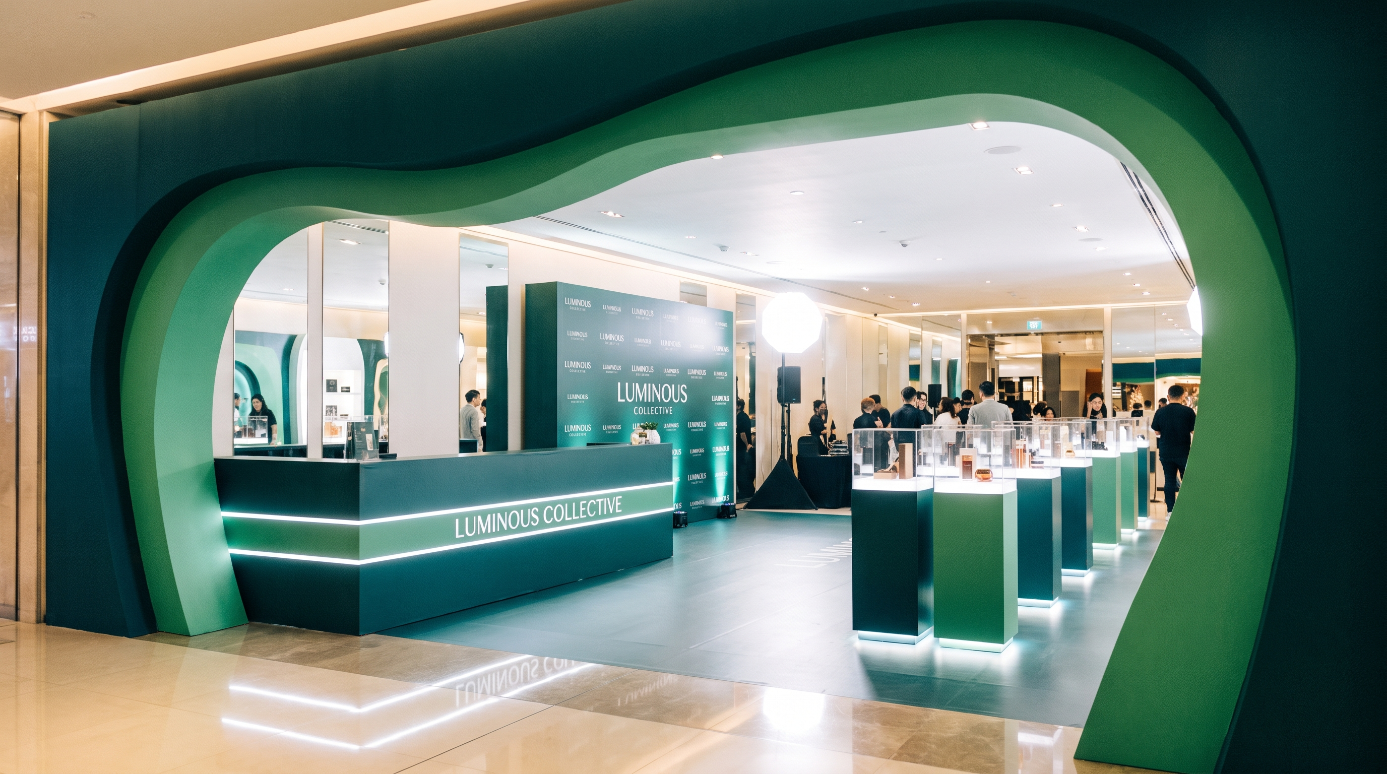 A brand activation — wrapped counter, step-and-repeat wall, lit plinths and archway