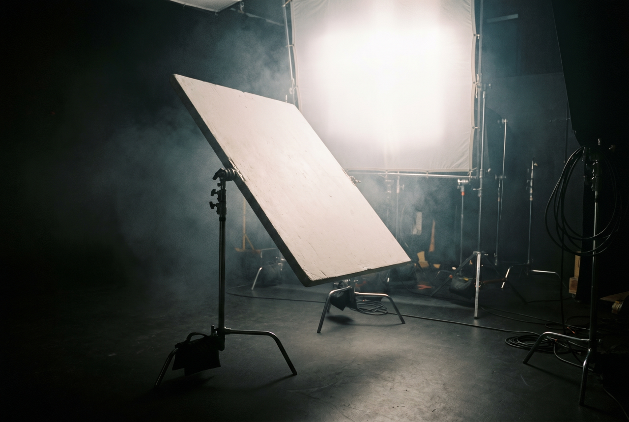 Bounce board on a C-stand on set