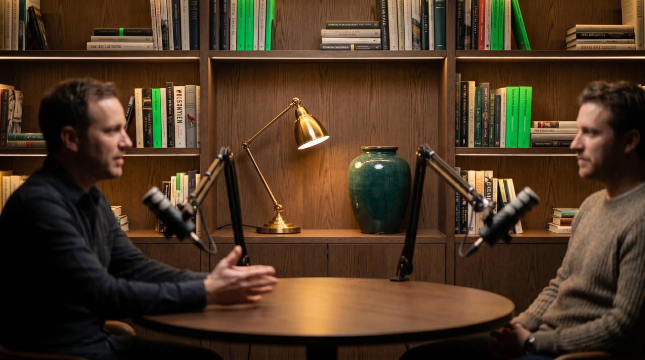 Bookshelf wall dressed on a podcast set
