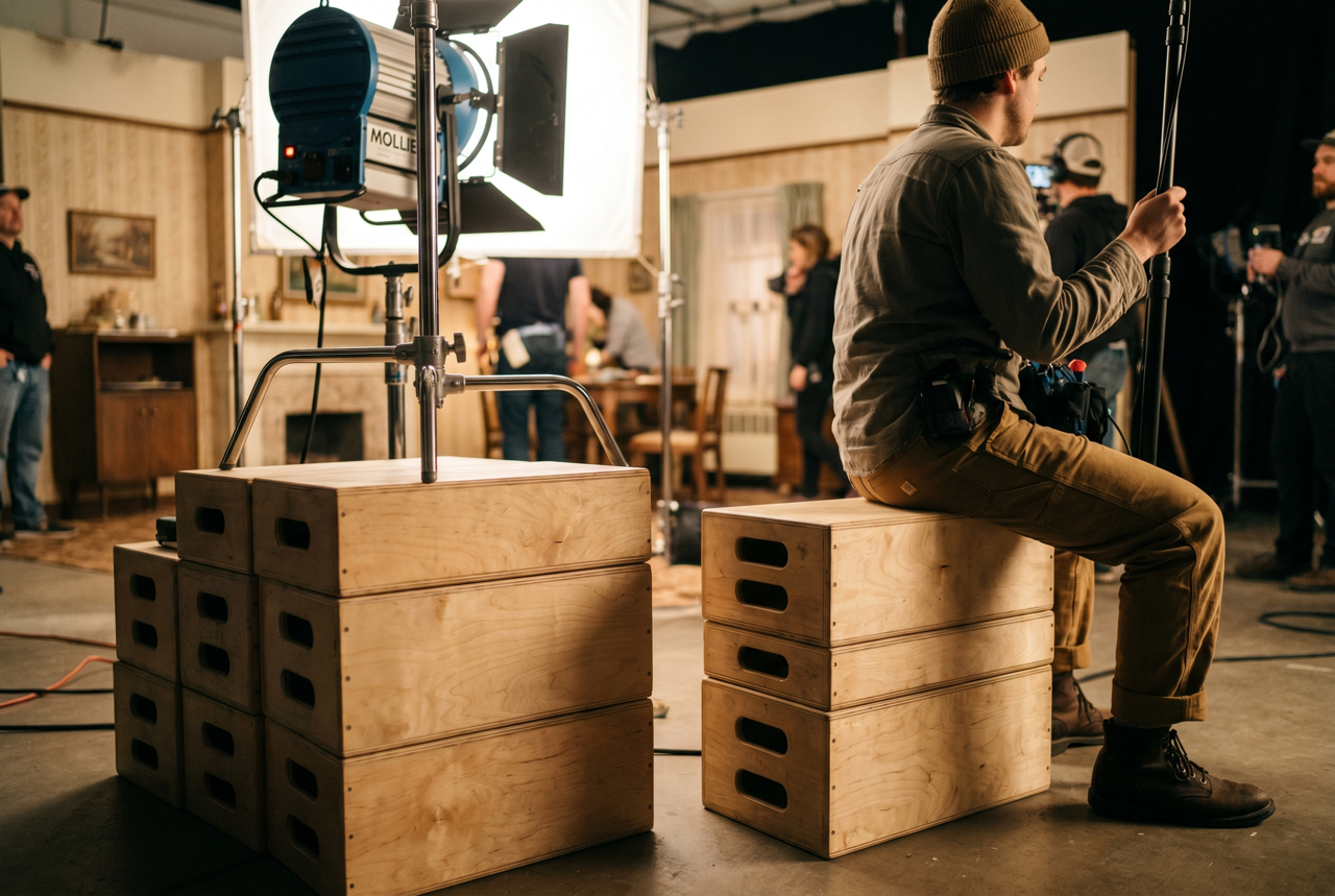 Apple boxes in use on a film set