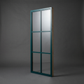 Window flat — Crittall-style Deep Green frame with glazed mullion grid, braced back