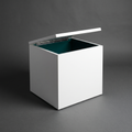 Storage plinth with concealed lift-hatch and Deep Green interior