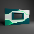 Layered conference set — sculpted Deep Green and white scenic walls with concealed LED and a central video wall