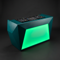 Angular DJ booth sprayed Deep Green with a backlit Modern Green front panel