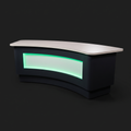 Curved broadcast desk with a full modesty front and Modern Green backlit band