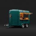 Vintage horse box converted into a Deep Green mobile bar with a fold-down hatch